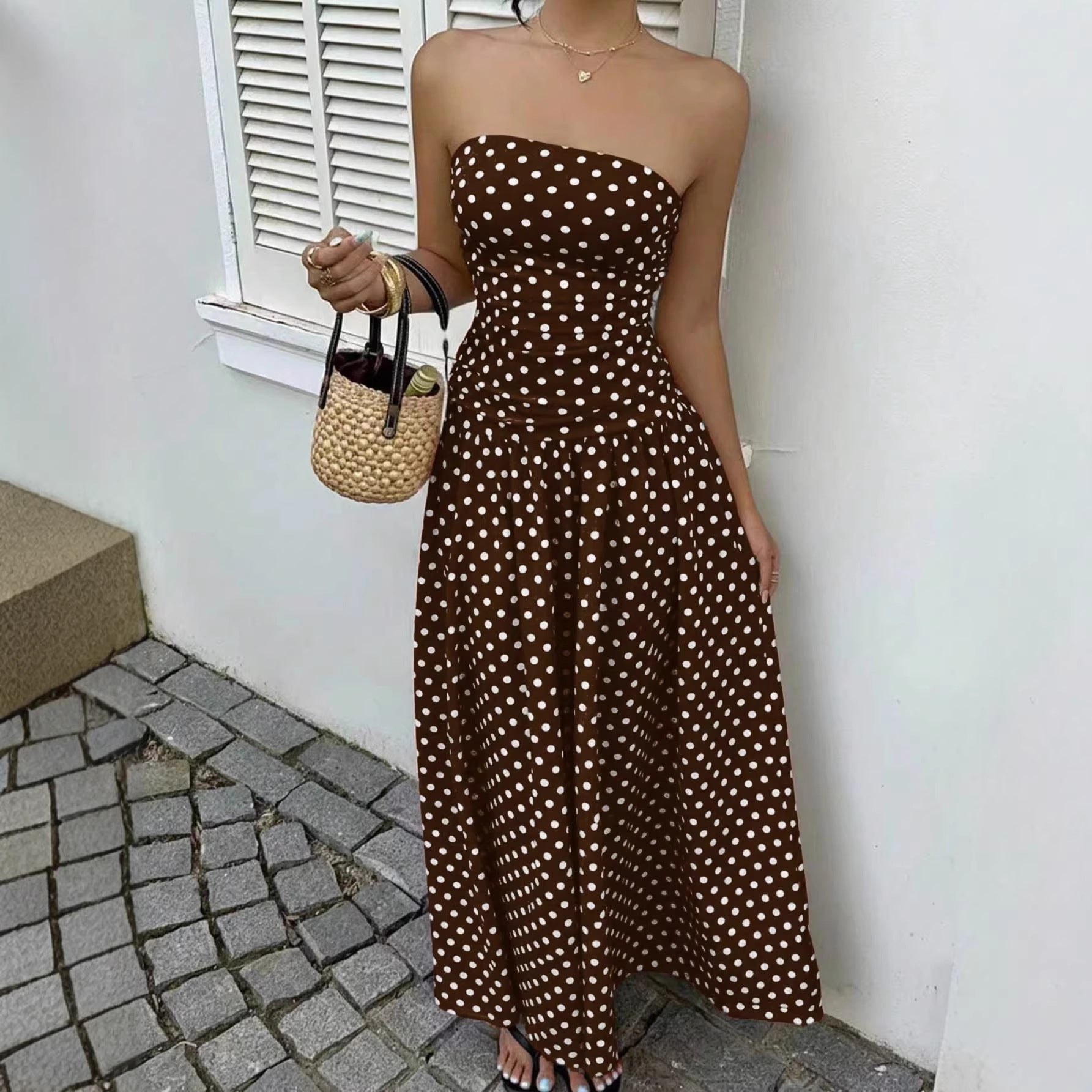 Elegant Polka-dot Off-shoulder Dresses Solid Color Strapless Lady High-waist Robe Commuting Party Business Beach Holiday Outfit-AURA REGALIA 