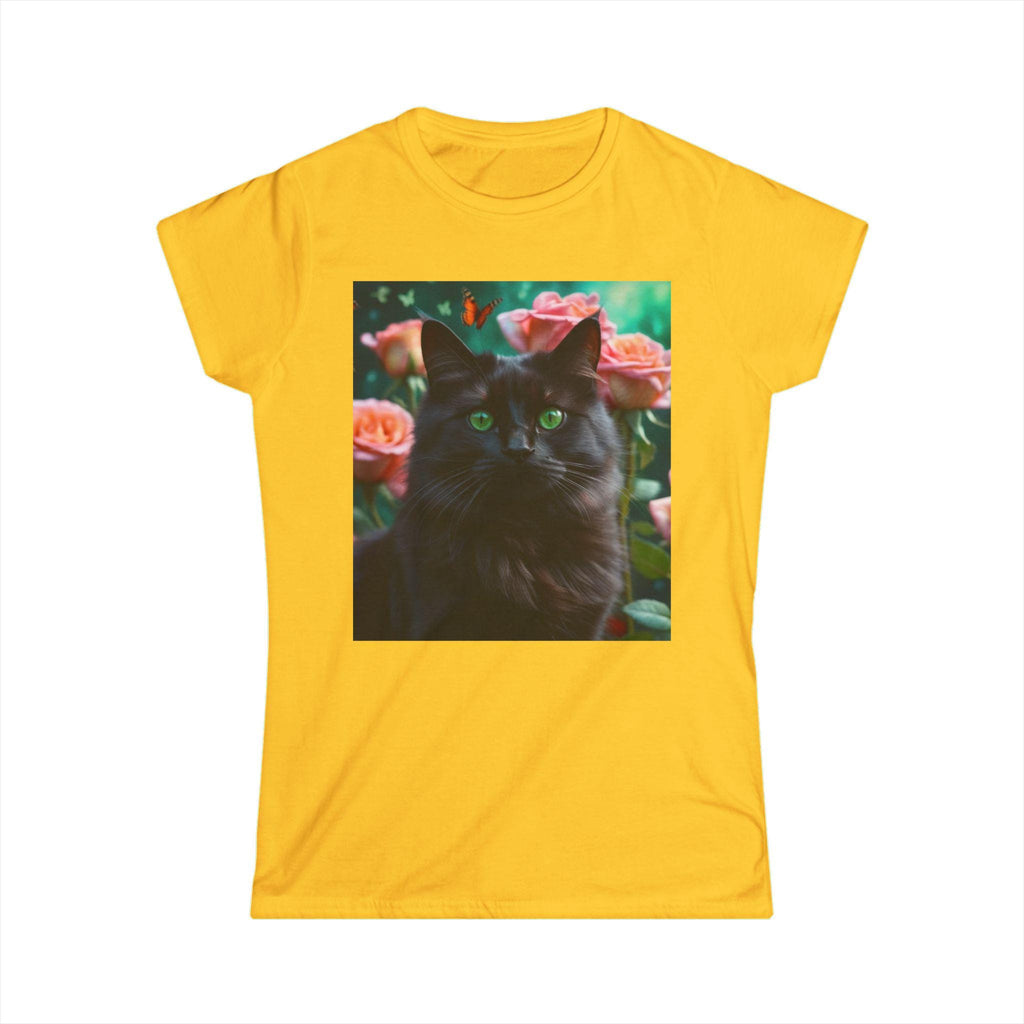 Black Cat with Flowers and Butterflies Tee