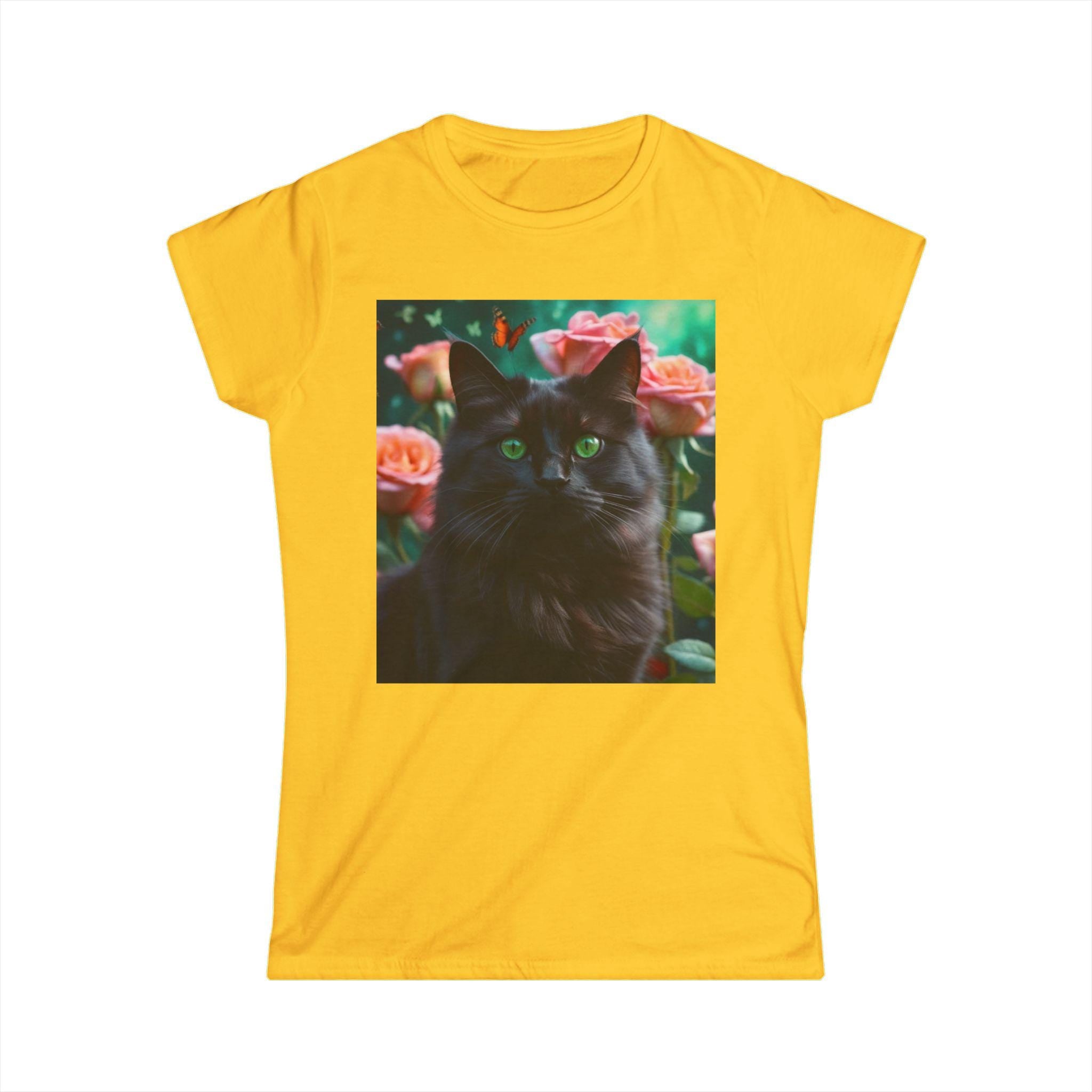 Black Cat with Flowers and Butterflies Tee