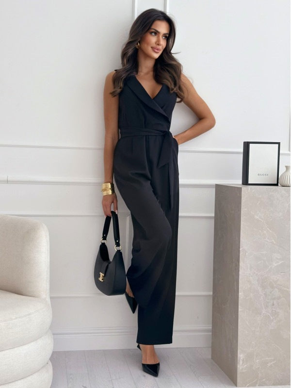 V-neck Sleeveless Jumpsuit With Belt Design Summer Fashion Trousers Women's Clothing-AURA REGALIA 