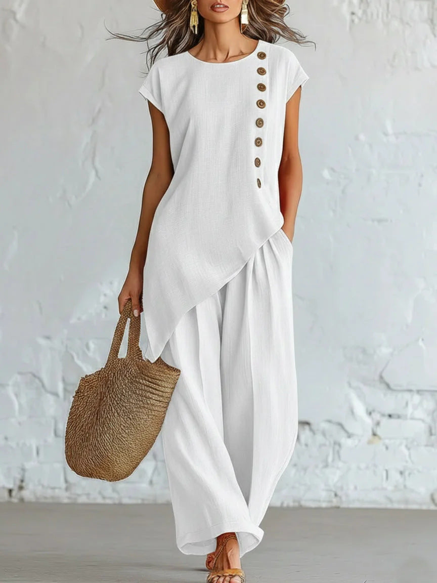 Womens Solid-Color Crew-Neck Buttoned Short-Sleeve Wide-Leg Pants Set-AURA REGALIA 