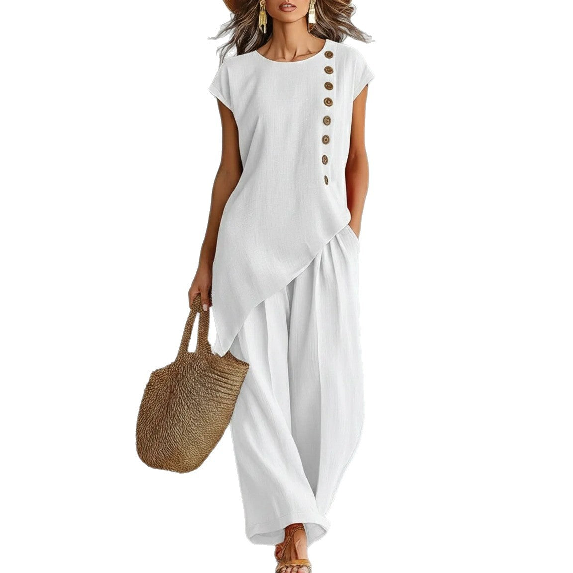 Womens Solid-Color Crew-Neck Buttoned Short-Sleeve Wide-Leg Pants Set-AURA REGALIA 