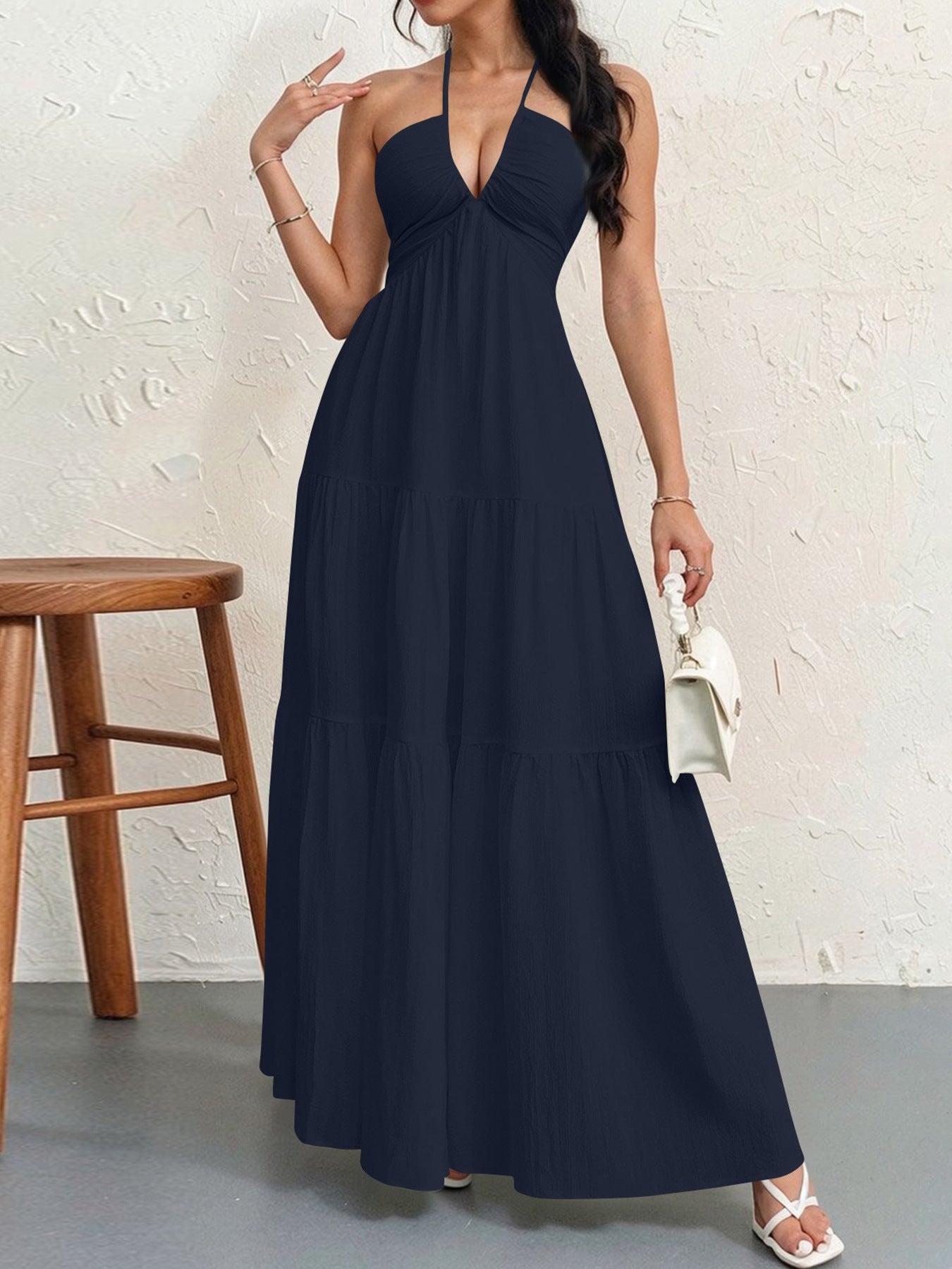 Backless Halterneck V-Neck Pleated A- Line Dress Women's Clothing One-Piece Dress Ankle-length Skirt For Beach Vacation Outfits-AURA REGALIA 