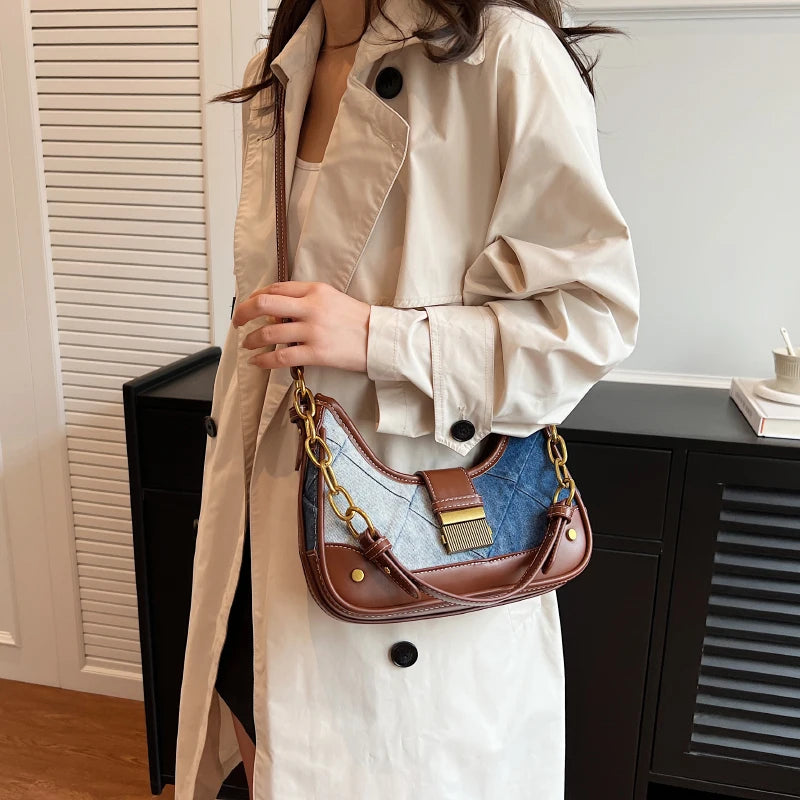 Denim+PU Leather Small Crossbody Bags for Women  Korean Fashion Underarm Bag  Female Shoulder Bag Handbags