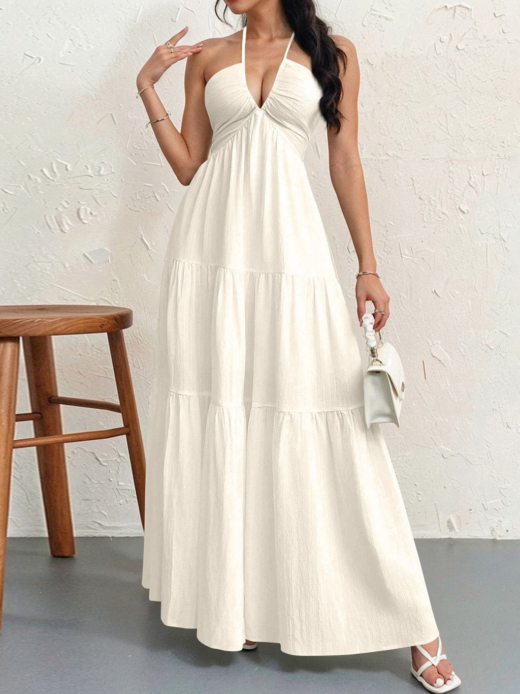 Backless Halterneck V-Neck Pleated A- Line Dress Women's Clothing One-Piece Dress Ankle-length Skirt For Beach Vacation Outfits-AURA REGALIA 