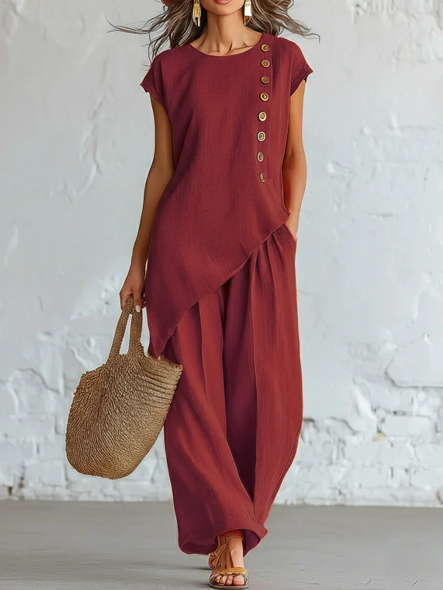 Womens Solid-Color Crew-Neck Buttoned Short-Sleeve Wide-Leg Pants Set-AURA REGALIA 