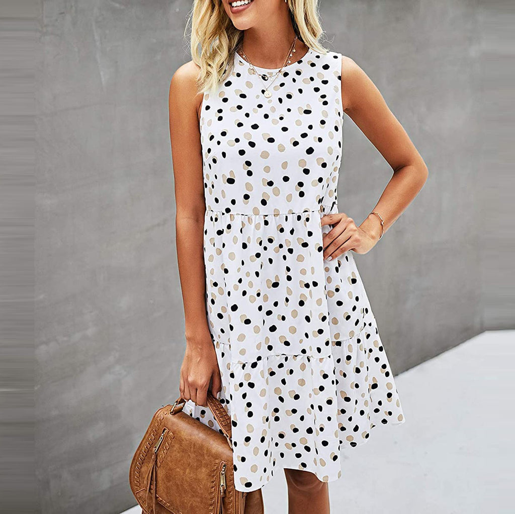 Women Summer Dot Print Sleeveless Loose Swing T-Shirt Dress With Pocket Casual Tank Mini Dresses Sundress-AURA REGALIA 