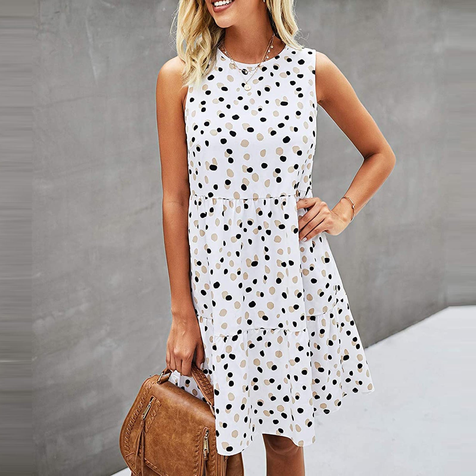 Women Summer Dot Print Sleeveless Loose Swing T-Shirt Dress With Pocket Casual Tank Mini Dresses Sundress-AURA REGALIA 