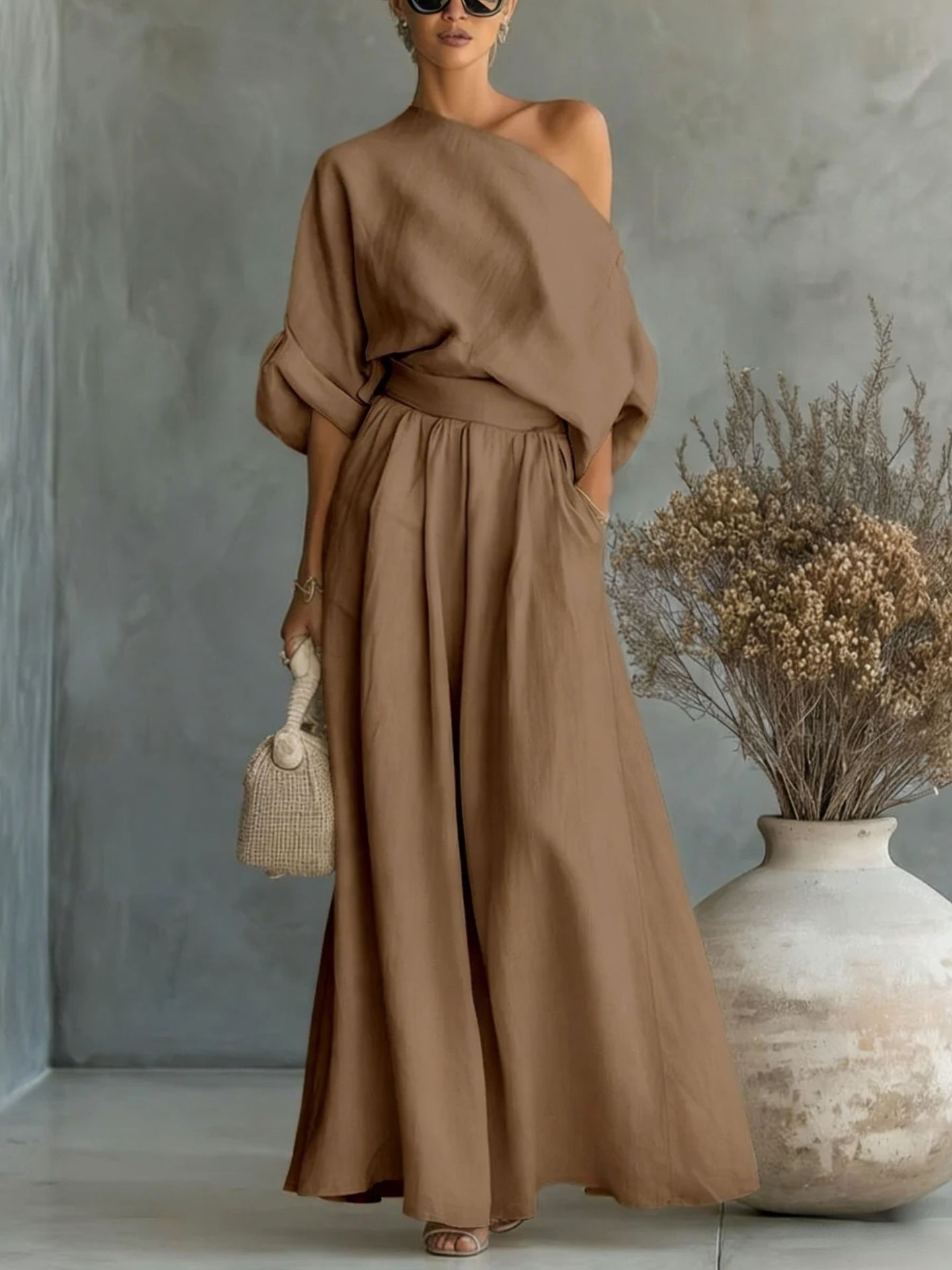 Cropped Off-shoulder Top And Pants Two-piece Set-AURA REGALIA 