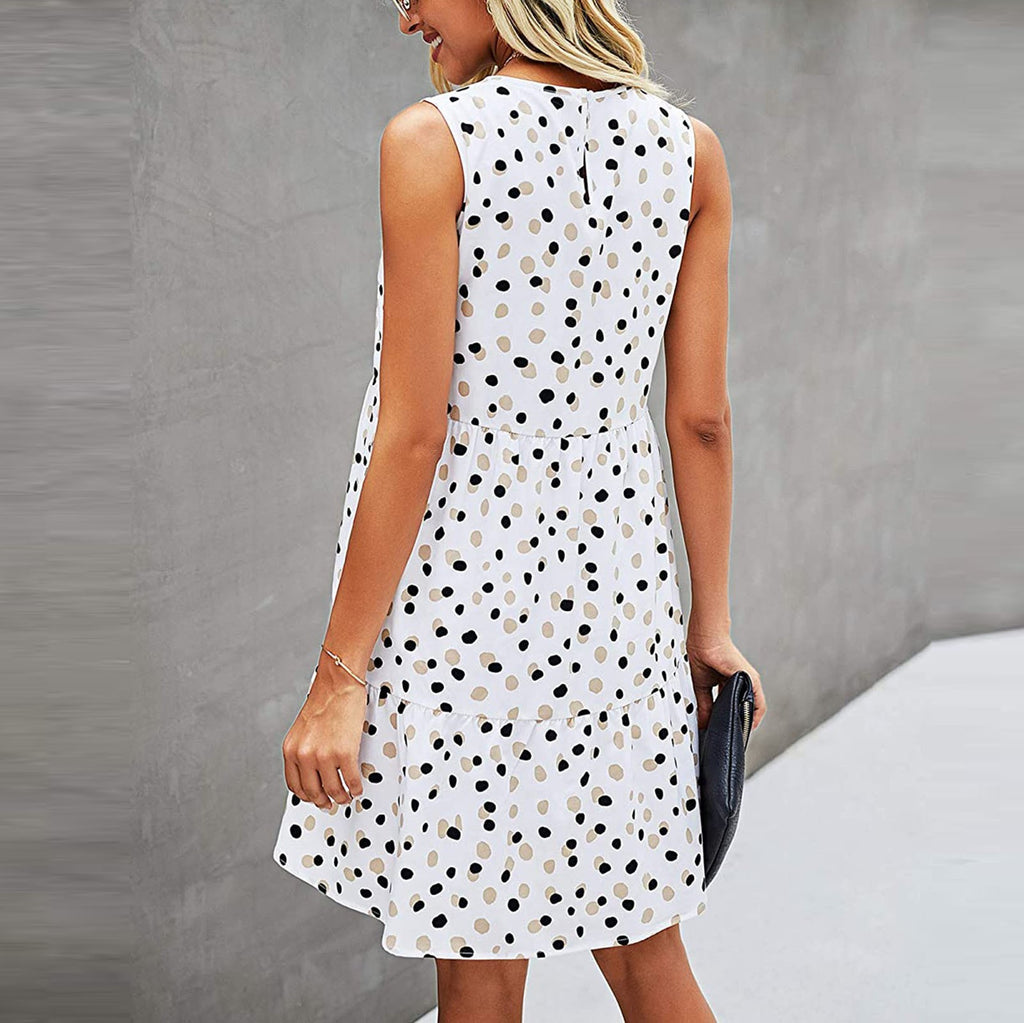 Women Summer Dot Print Sleeveless Loose Swing T-Shirt Dress With Pocket Casual Tank Mini Dresses Sundress-AURA REGALIA 