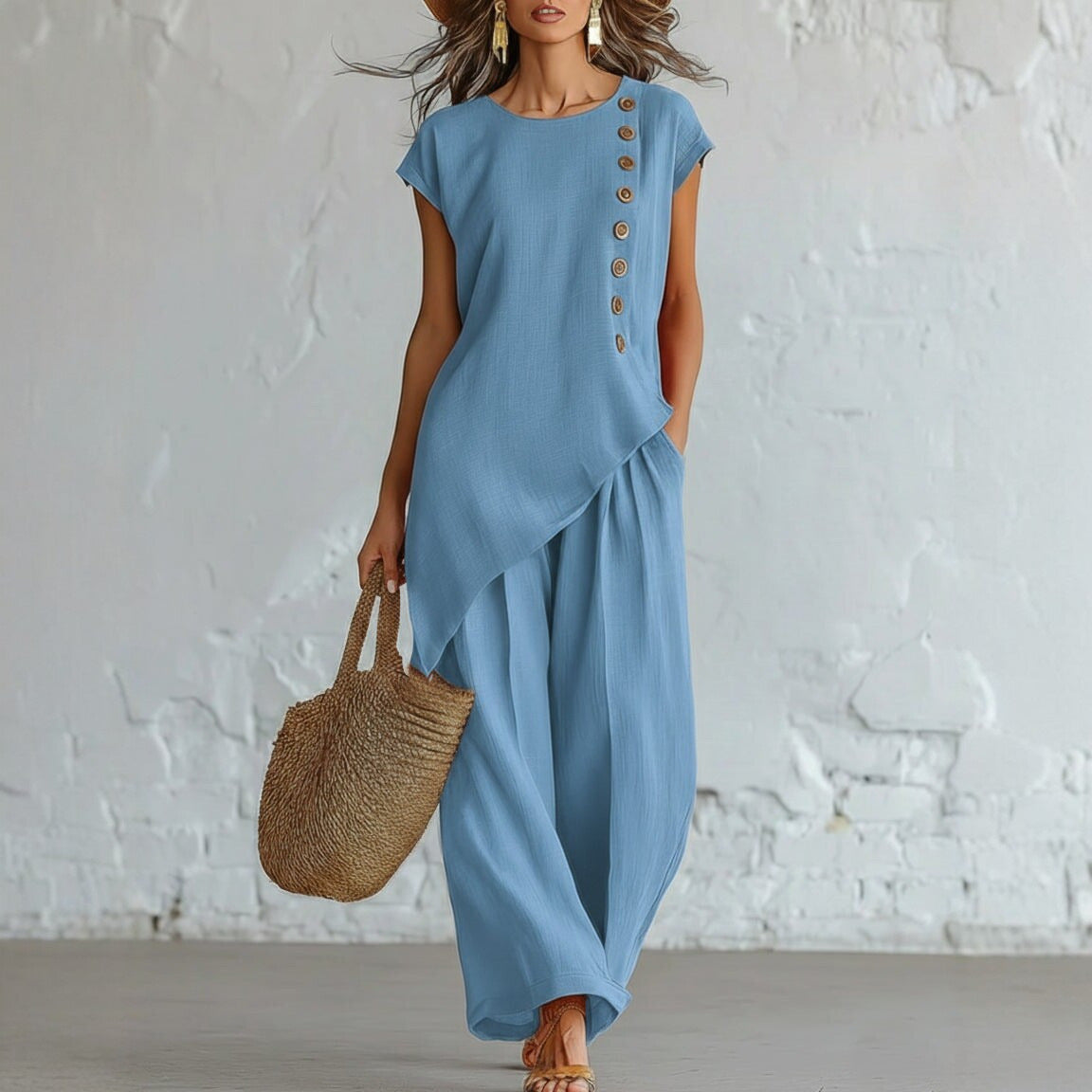 Womens Solid-Color Crew-Neck Buttoned Short-Sleeve Wide-Leg Pants Set-AURA REGALIA 