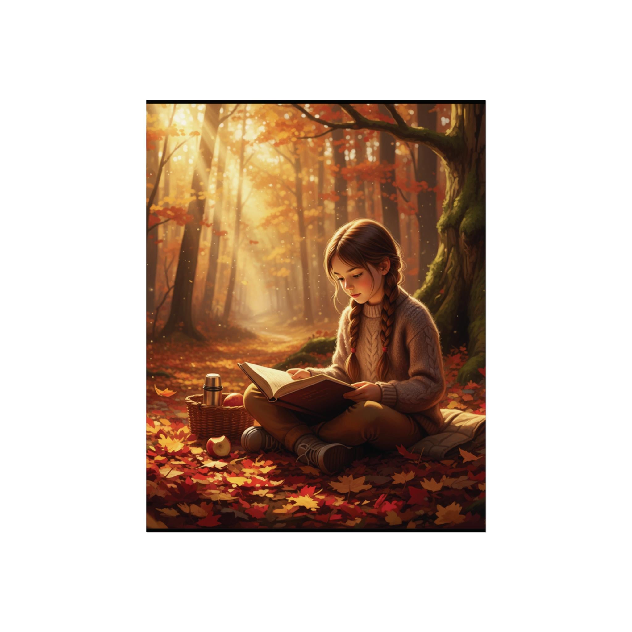 Girl Reading in Autumn Forest Poster | Fall Bookish Wall Art
