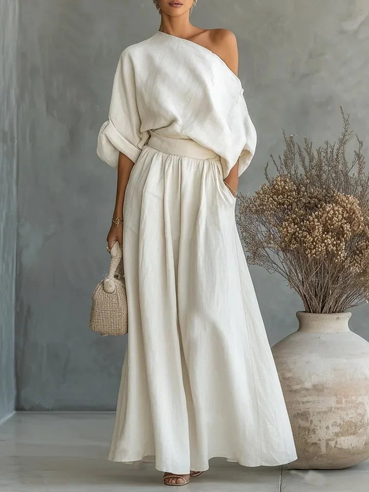 Cropped Off-shoulder Top And Pants Two-piece Set-AURA REGALIA 