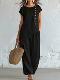 Womens Solid-Color Crew-Neck Buttoned Short-Sleeve Wide-Leg Pants Set-AURA REGALIA 