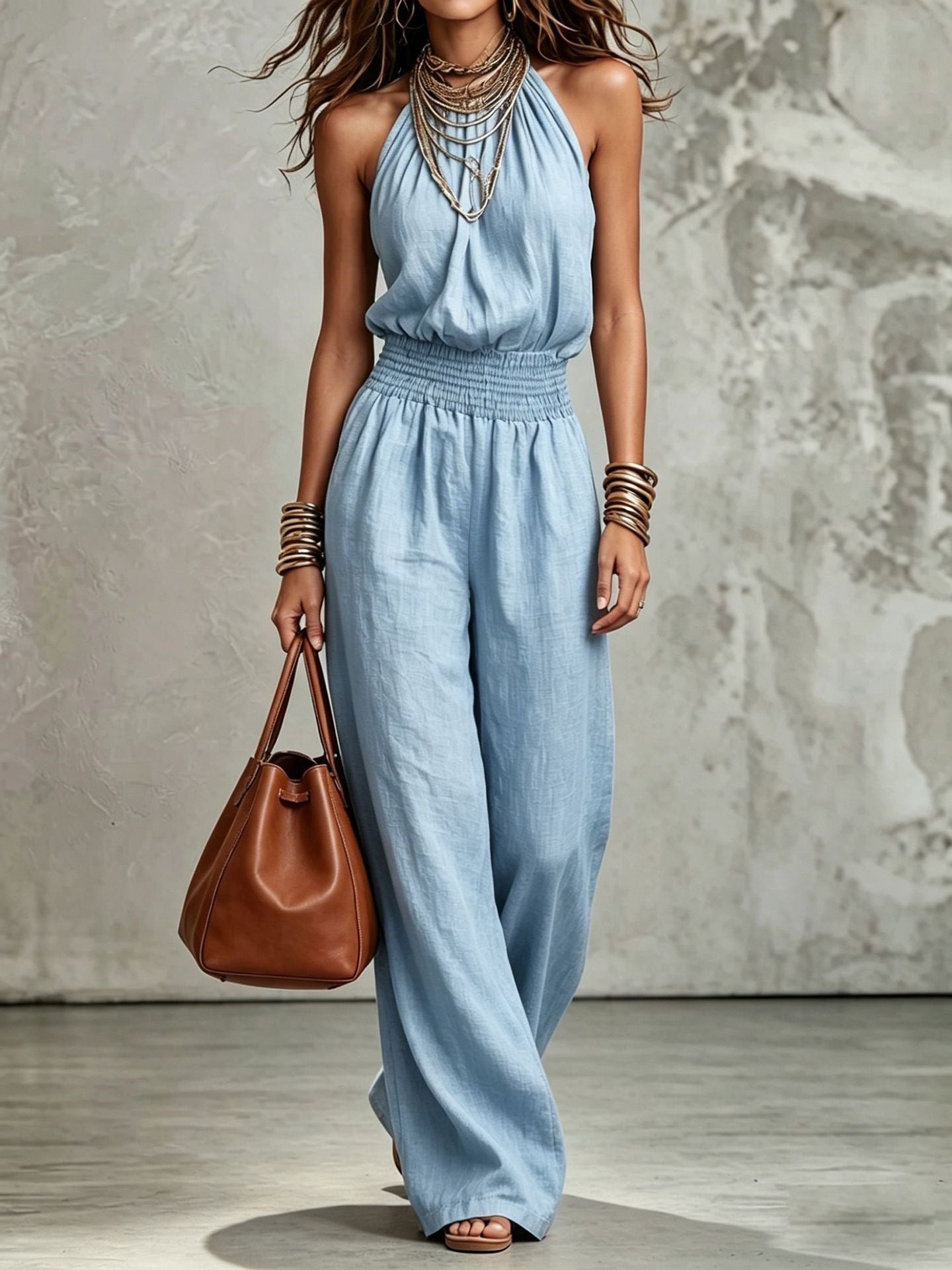 Womens Sleeveless Backless Cinched Waist Lace-up Halter Wide-leg Jumpsuit-AURA REGALIA 