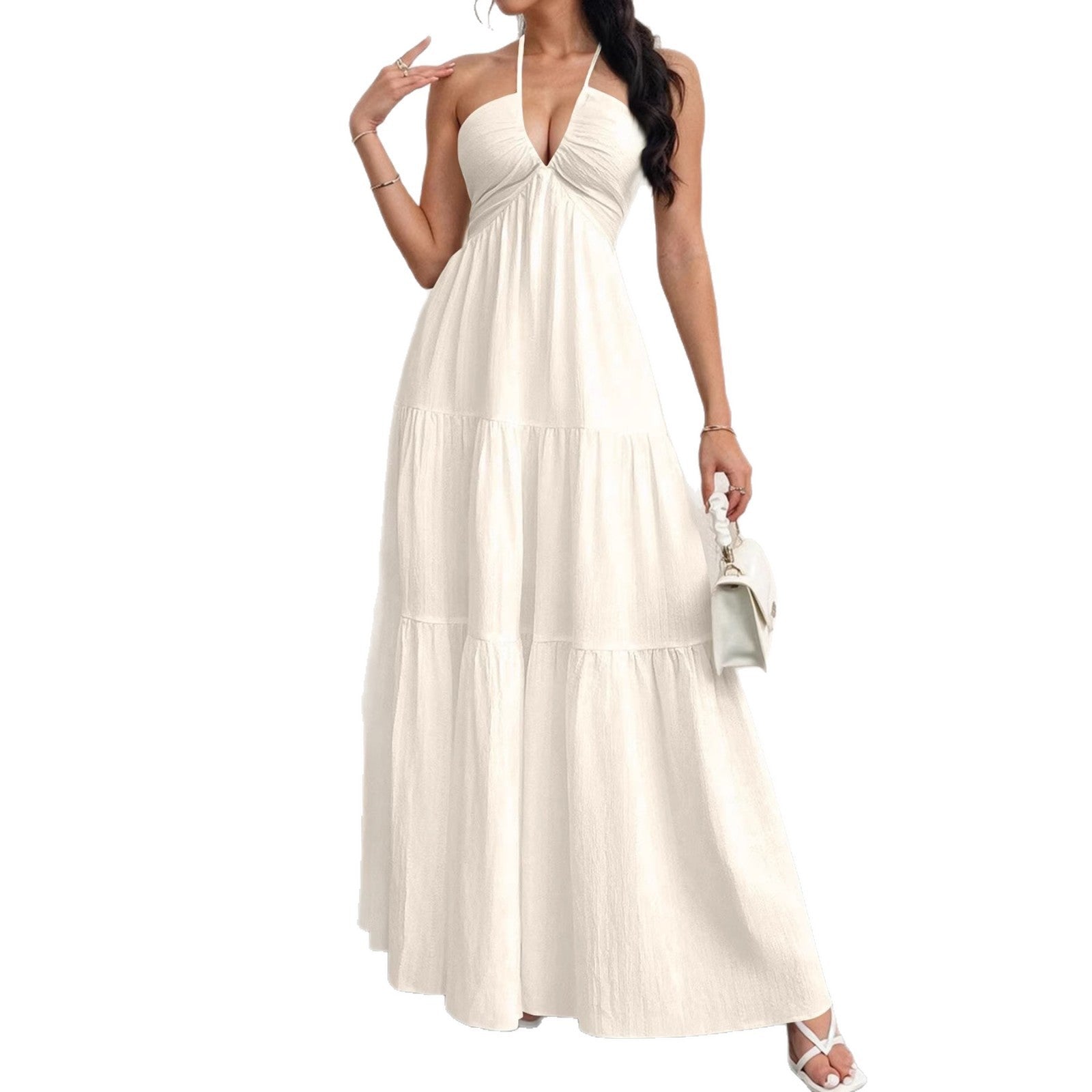 Backless Halterneck V-Neck Pleated A- Line Dress Women's Clothing One-Piece Dress Ankle-length Skirt For Beach Vacation Outfits-AURA REGALIA 
