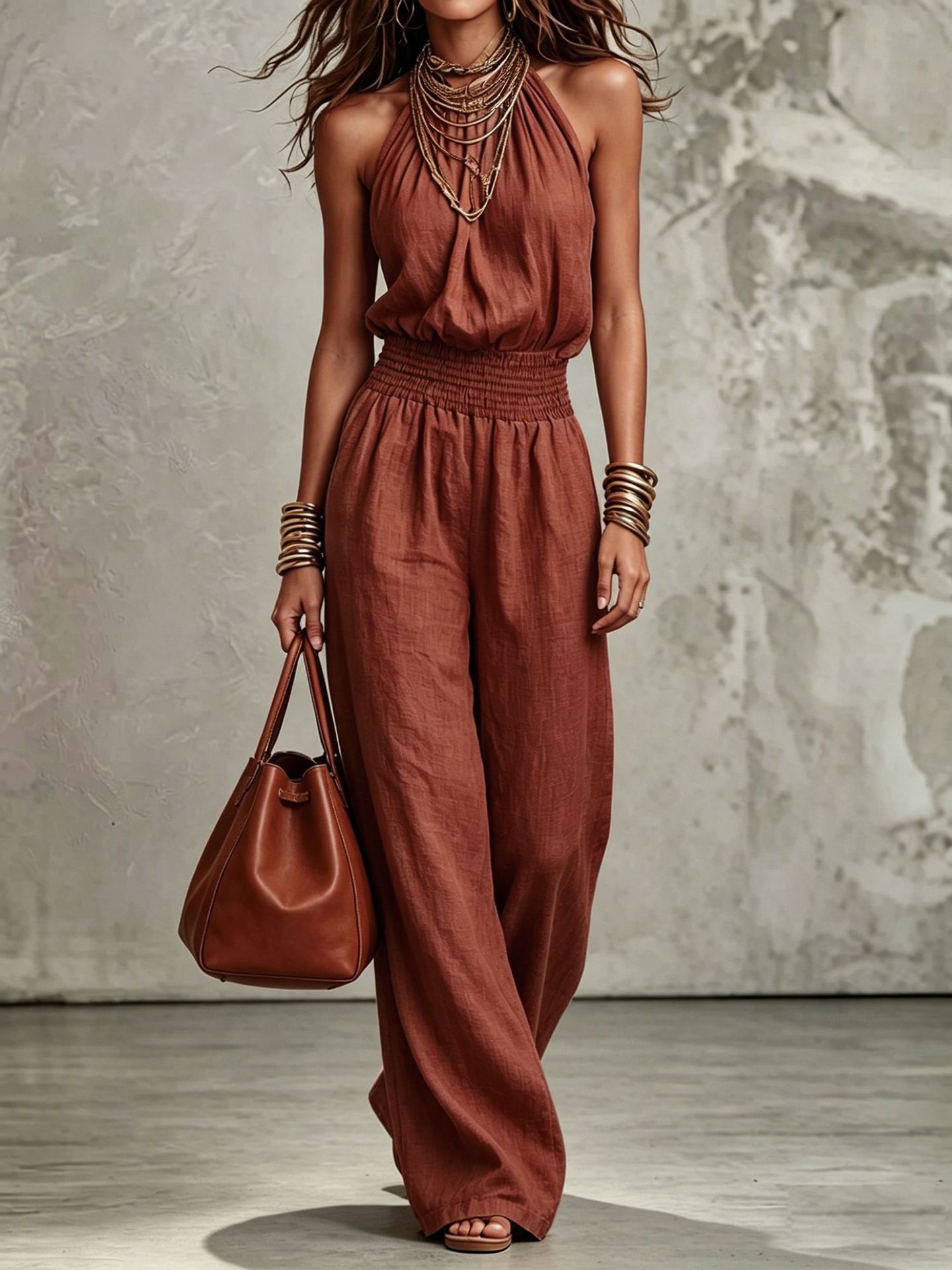Womens Sleeveless Backless Cinched Waist Lace-up Halter Wide-leg Jumpsuit-AURA REGALIA 