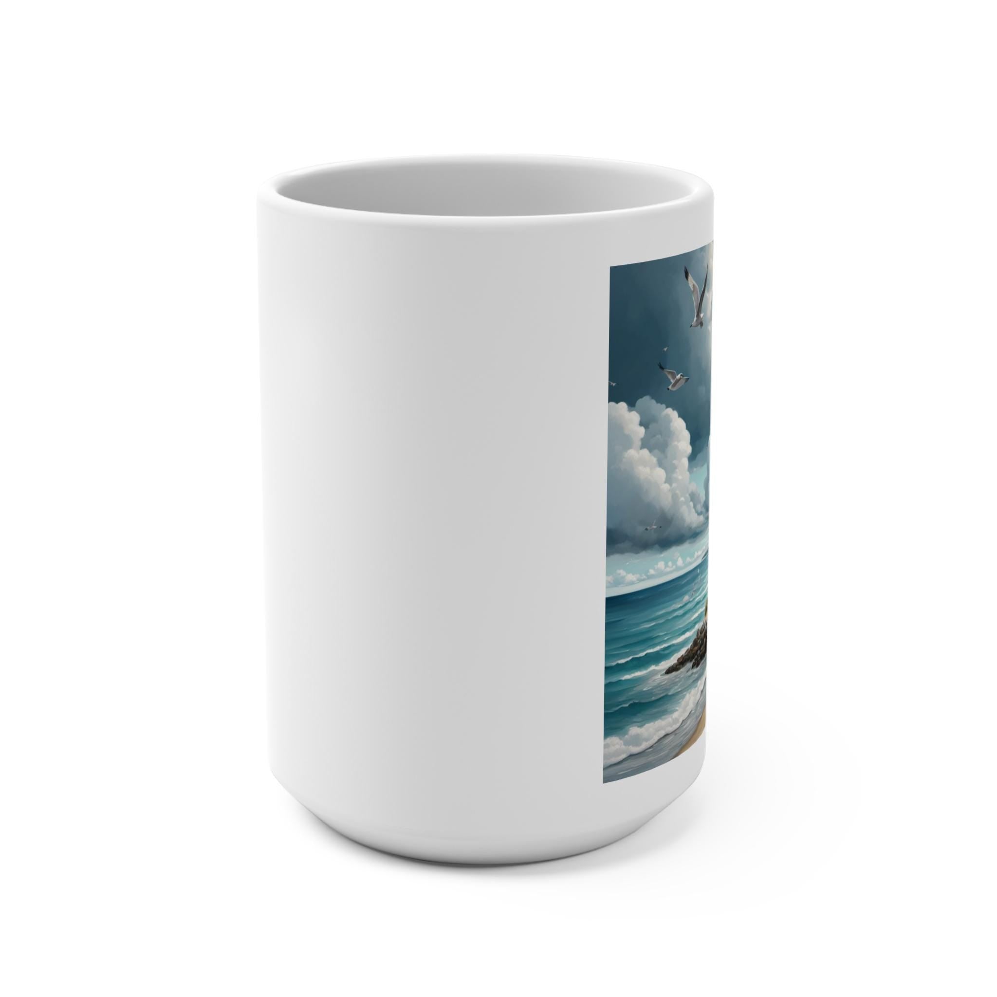 Coastal Lighthouse Scene Mug | Seagulls, Ocean Waves, Sandy Shore