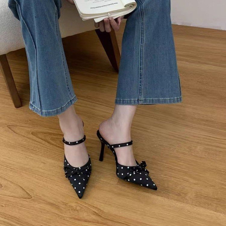 2026 Summer New Women's Polka Dot Pointed Toe High Heels, Bow Backless Mule Sandals, Slim Heel Closed Toe Slide Sandals For Women-AURA REGALIA 