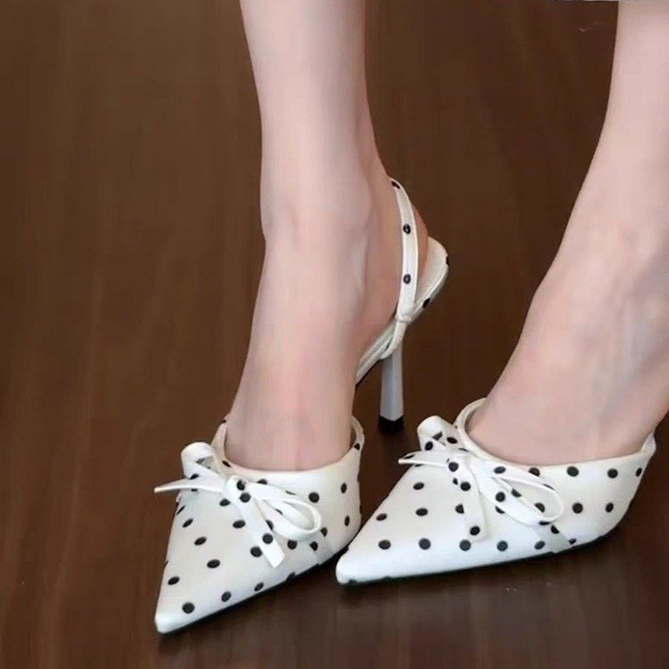 2026 Summer New Women's Polka Dot Pointed Toe High Heels, Bow Backless Mule Sandals, Slim Heel Closed Toe Slide Sandals For Women-AURA REGALIA 