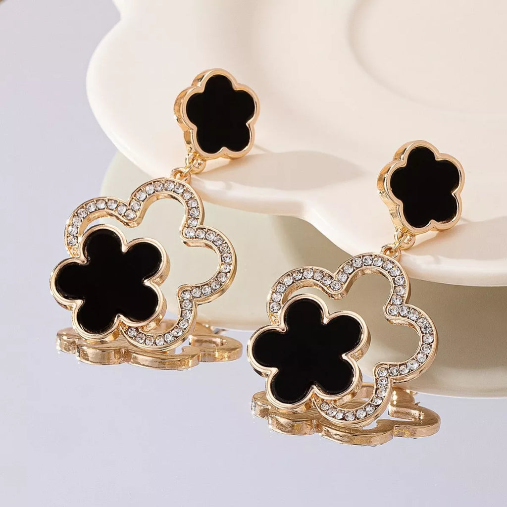 Lucky Clover Dangle Earrings with Rhinestone Accents-AURA REGALIA 
