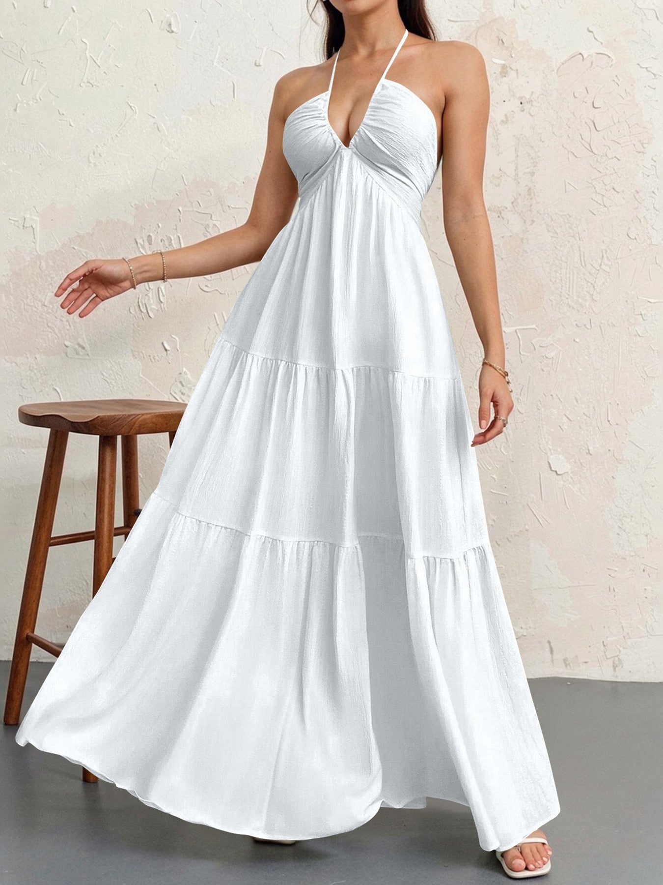 Backless Halterneck V-Neck Pleated A- Line Dress Women's Clothing One-Piece Dress Ankle-length Skirt For Beach Vacation Outfits-AURA REGALIA 