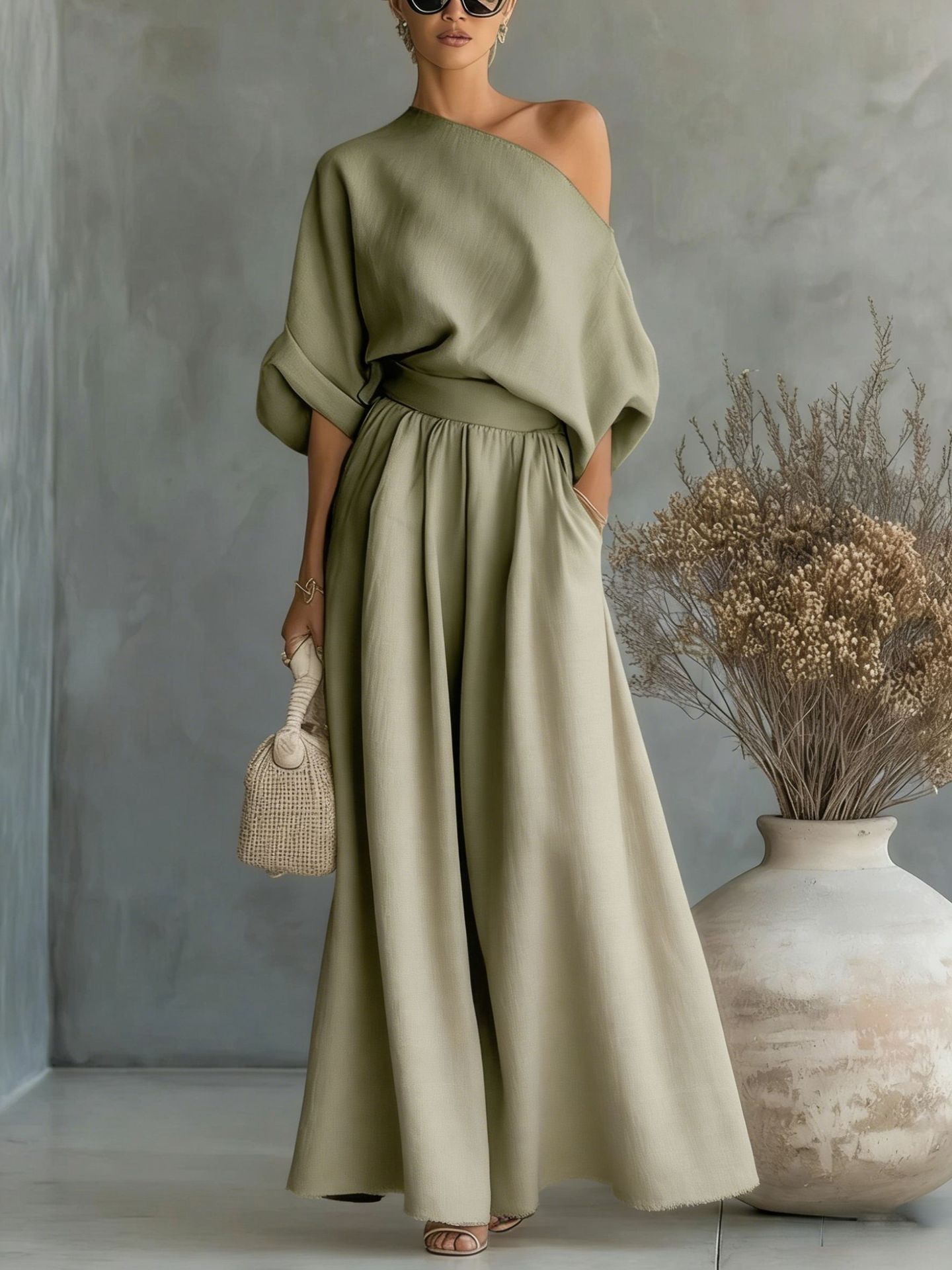 Cropped Off-shoulder Top And Pants Two-piece Set-AURA REGALIA 
