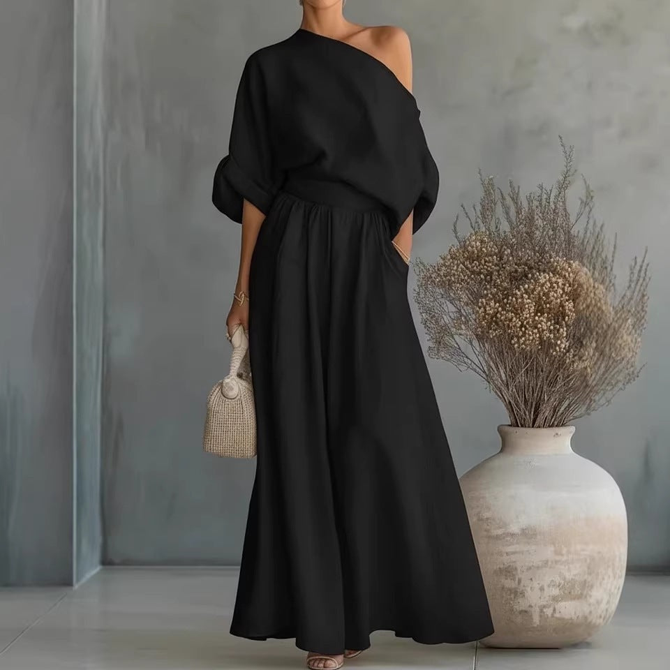 Cropped Off-shoulder Top And Pants Two-piece Set-AURA REGALIA 