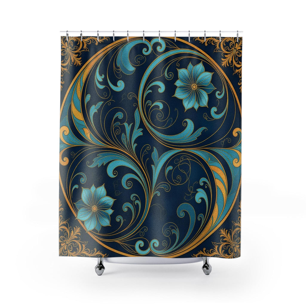 Teal Gold Floral Scroll Shower Curtain | Navy Botanical Bathroom Decor