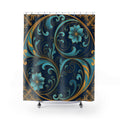 Teal Gold Floral Scroll Shower Curtain | Navy Botanical Bathroom Decor