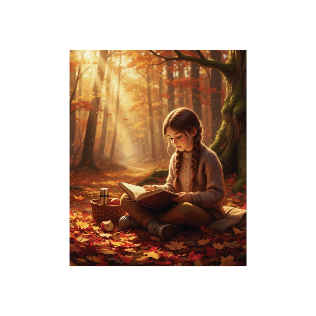 Girl Reading in Autumn Forest Poster | Fall Bookish Wall Art