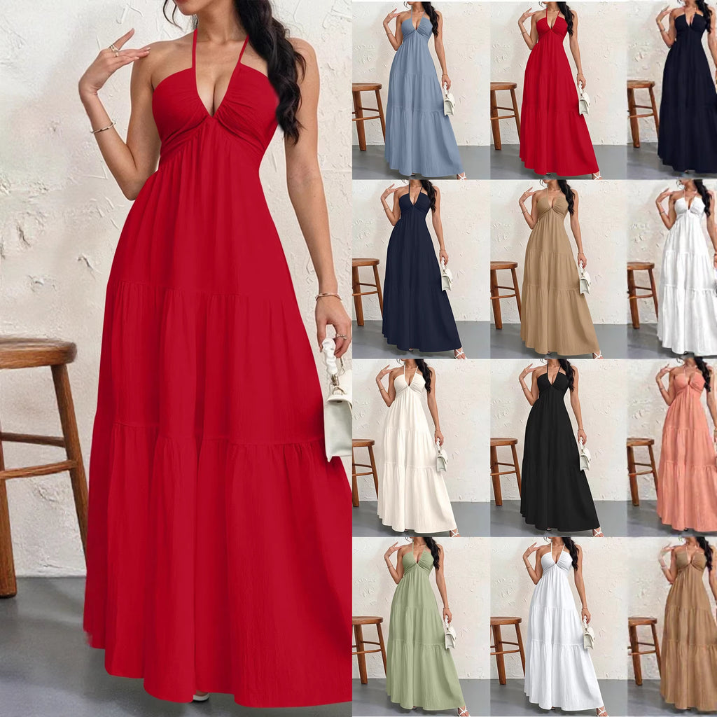Backless Halterneck V-Neck Pleated A- Line Dress Women's Clothing One-Piece Dress Ankle-length Skirt For Beach Vacation Outfits-AURA REGALIA 