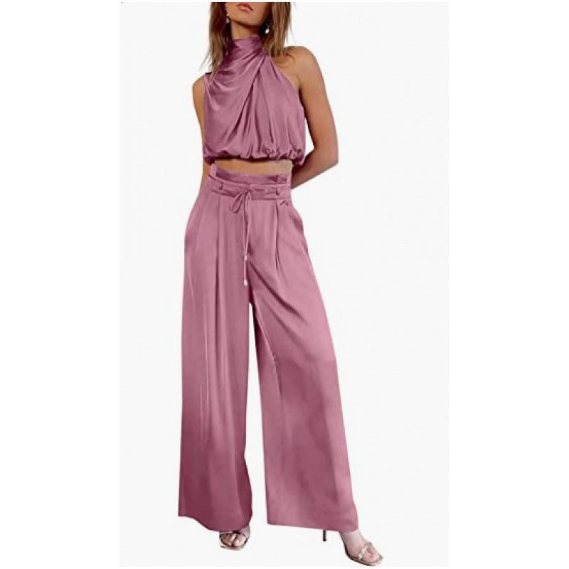 Summer Suits Casual Sleeveless Midriff-baring Top And Wide Leg Pants 2pcs Set Womens Clothing-AURA REGALIA 