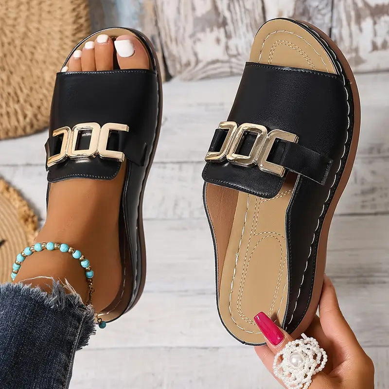 Ins Chain Wedges Sandals Summer Fashion Platform Peep-toed Slides Slippers Outdoor Thick Bottom Roman Shoes For Women-AURA REGALIA 