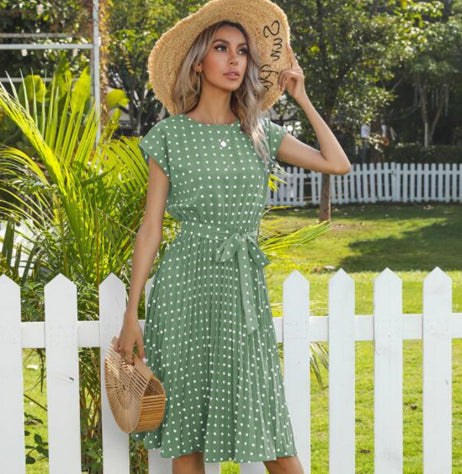 Summer Women Polka Dot Short Sleeve Dress Casual Bandage Party Pleated Midi Dresses Elegant Green Office Lady Clothing-AURA REGALIA 