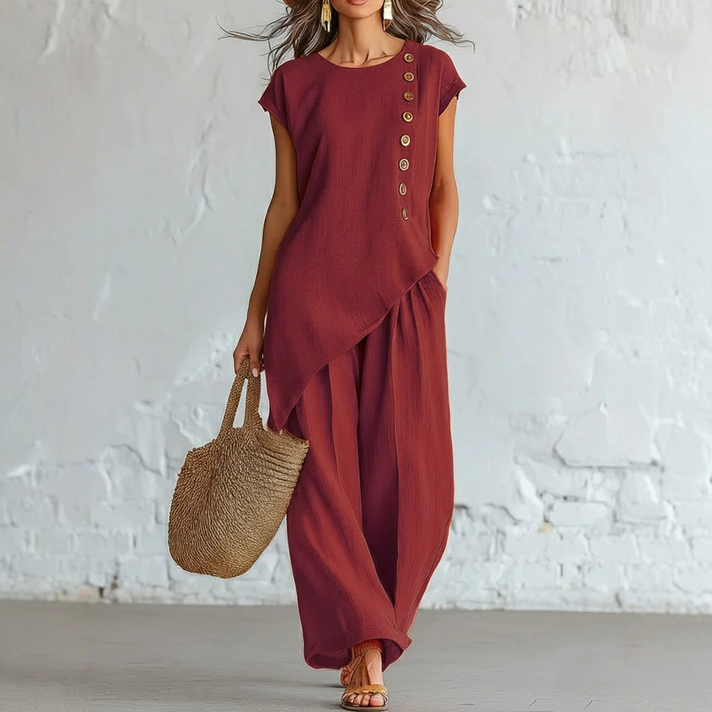Womens Solid-Color Crew-Neck Buttoned Short-Sleeve Wide-Leg Pants Set-AURA REGALIA 