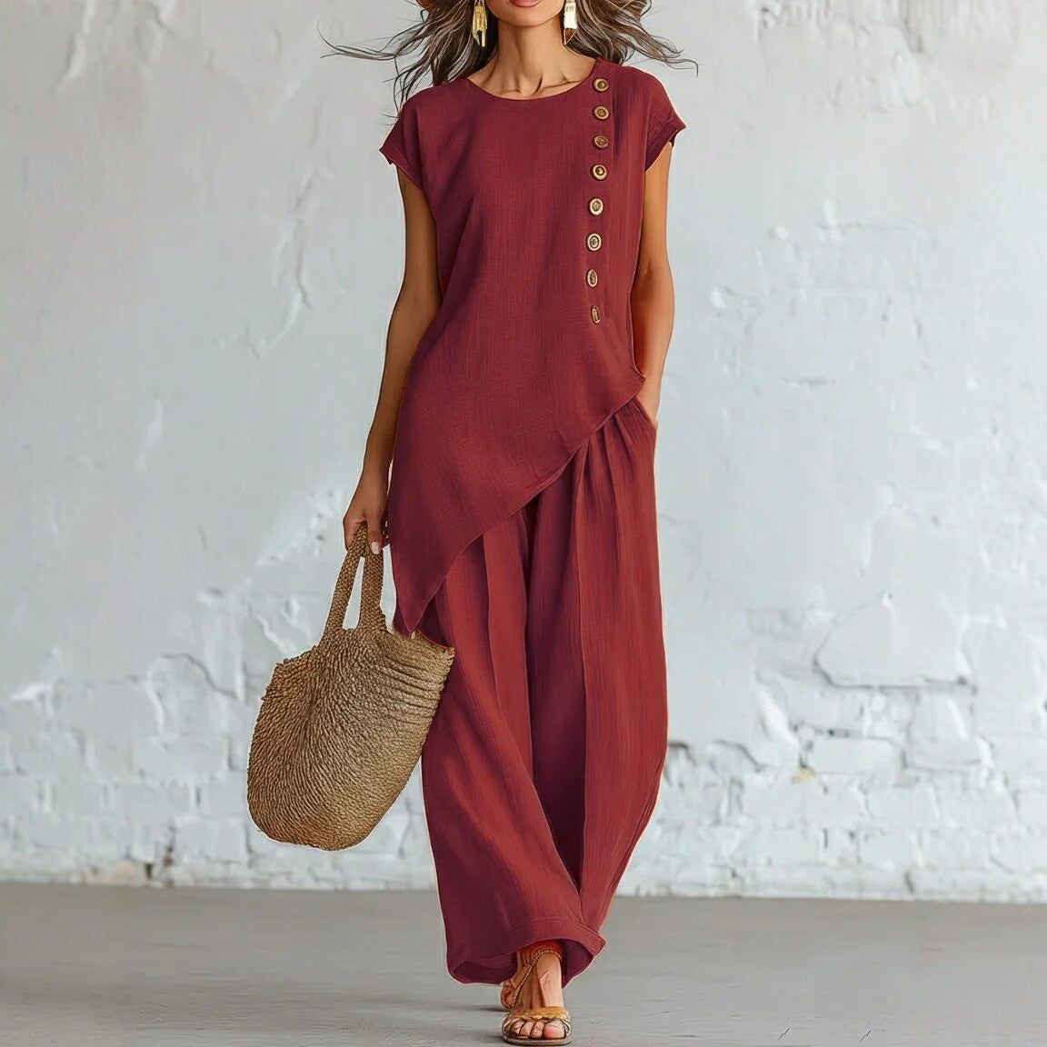 Womens Solid-Color Crew-Neck Buttoned Short-Sleeve Wide-Leg Pants Set-AURA REGALIA 
