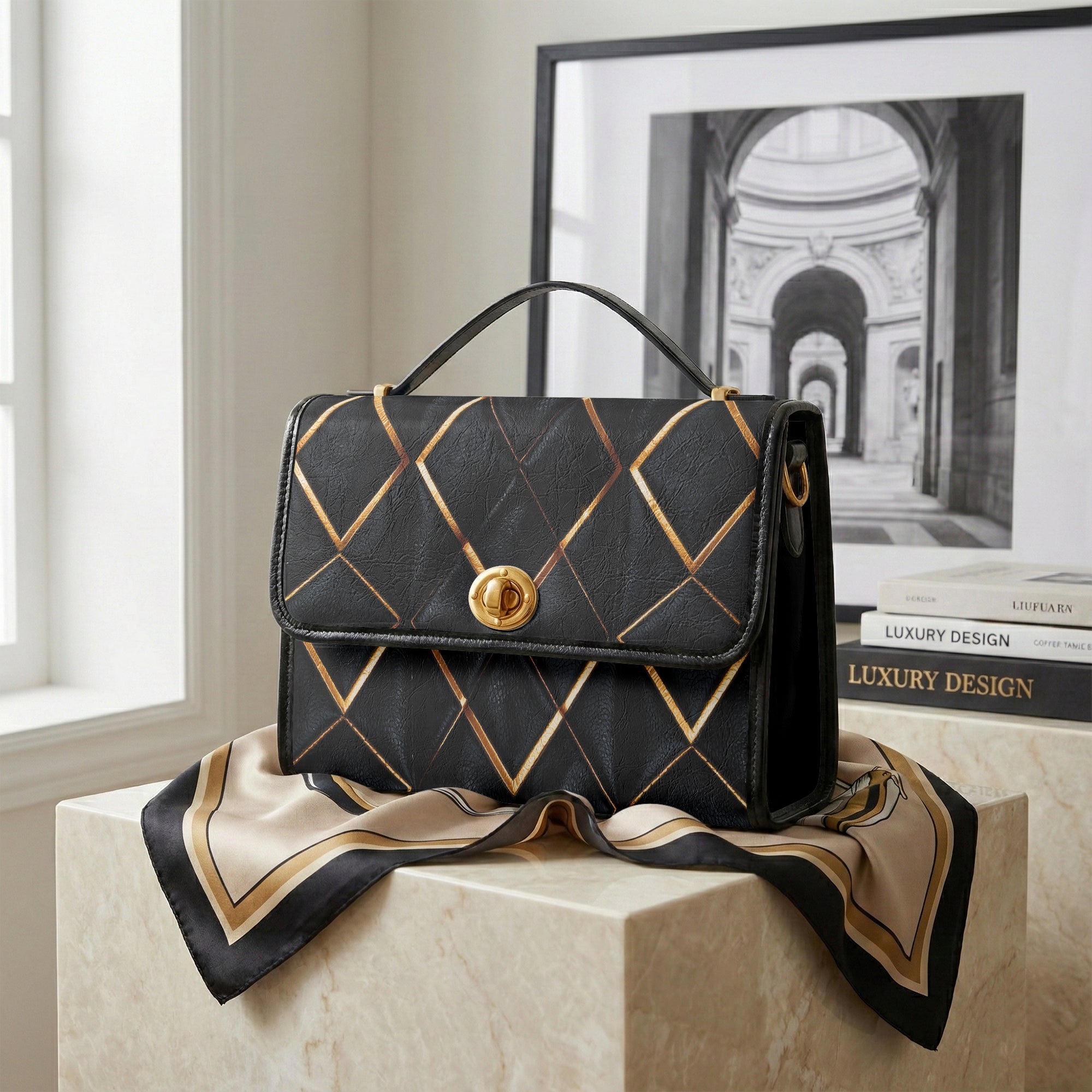 Art Deco Geometric Crossbody Bag – Black PU Leather-AURA REGALIA 