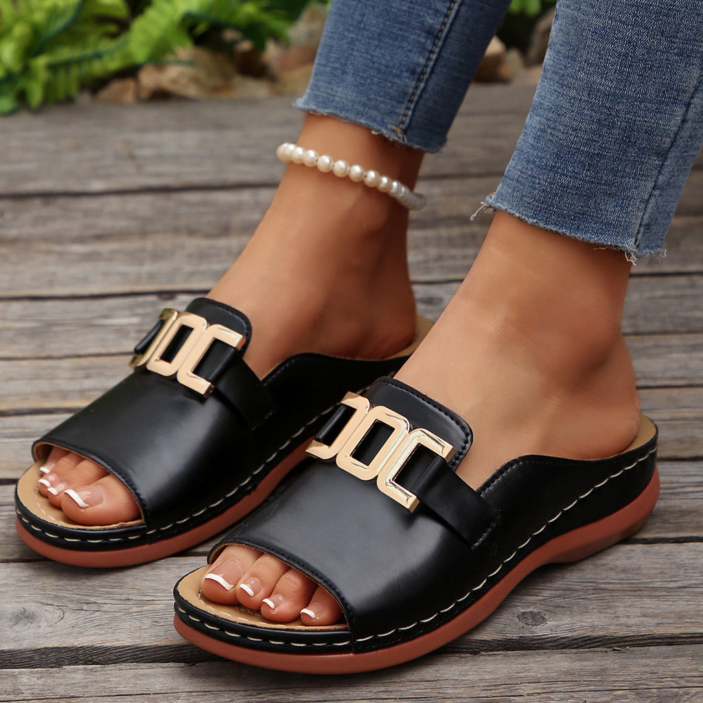 Ins Chain Wedges Sandals Summer Fashion Platform Peep-toed Slides Slippers Outdoor Thick Bottom Roman Shoes For Women-AURA REGALIA 