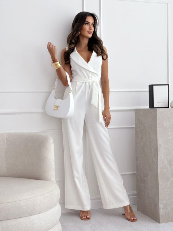 V-neck Sleeveless Jumpsuit With Belt Design Summer Fashion Trousers Women's Clothing-AURA REGALIA 
