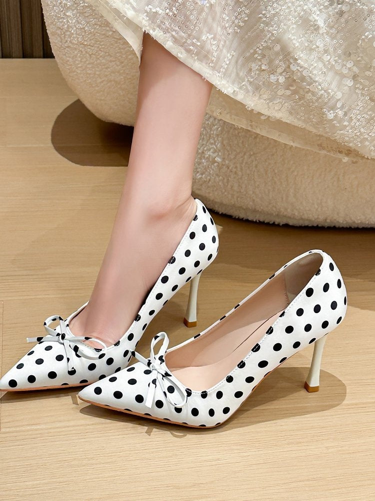 Fairy Style Pointed Toe Polka Dot Gentle Pumps For Women, French Style Soft Sole Stiletto High Heels Perfect With Dresses-AURA REGALIA 