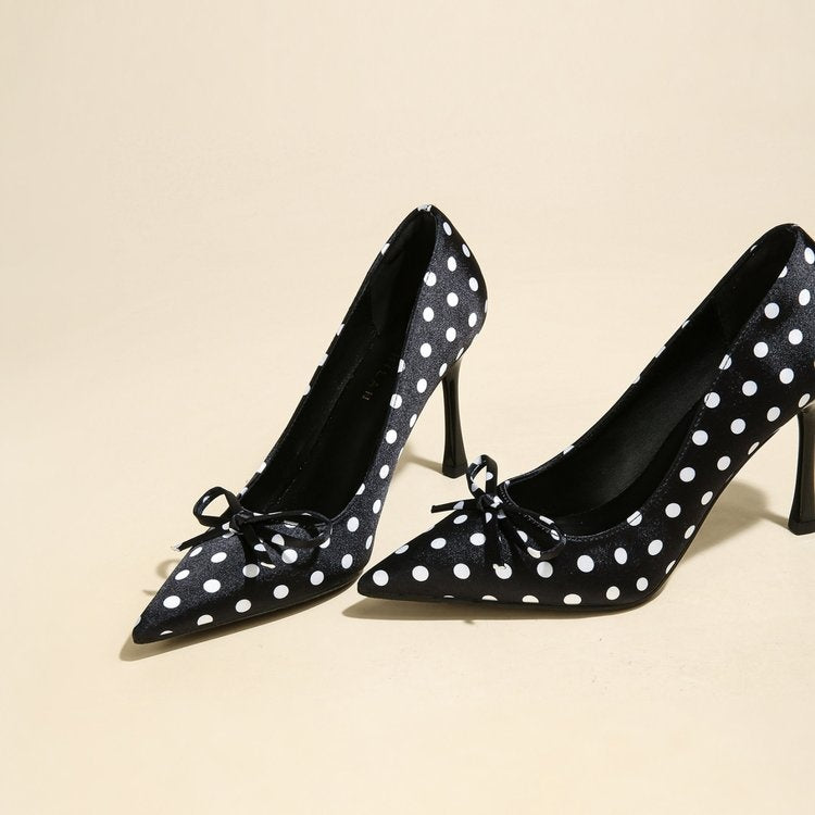 Fairy Style Pointed Toe Polka Dot Gentle Pumps For Women, French Style Soft Sole Stiletto High Heels Perfect With Dresses-AURA REGALIA 
