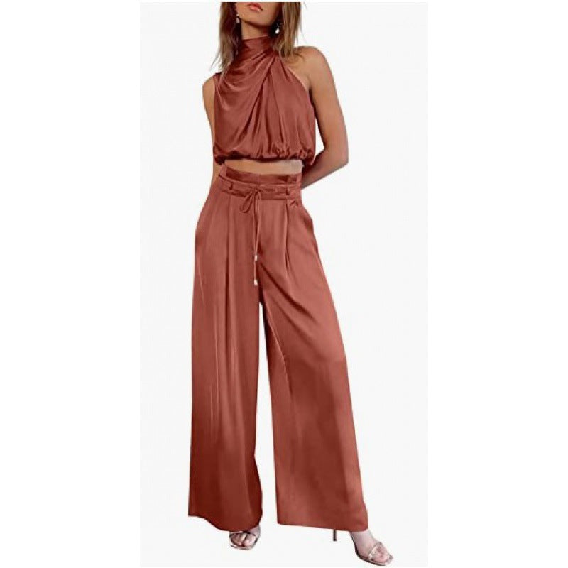 Summer Suits Casual Sleeveless Midriff-baring Top And Wide Leg Pants 2pcs Set Womens Clothing-AURA REGALIA 