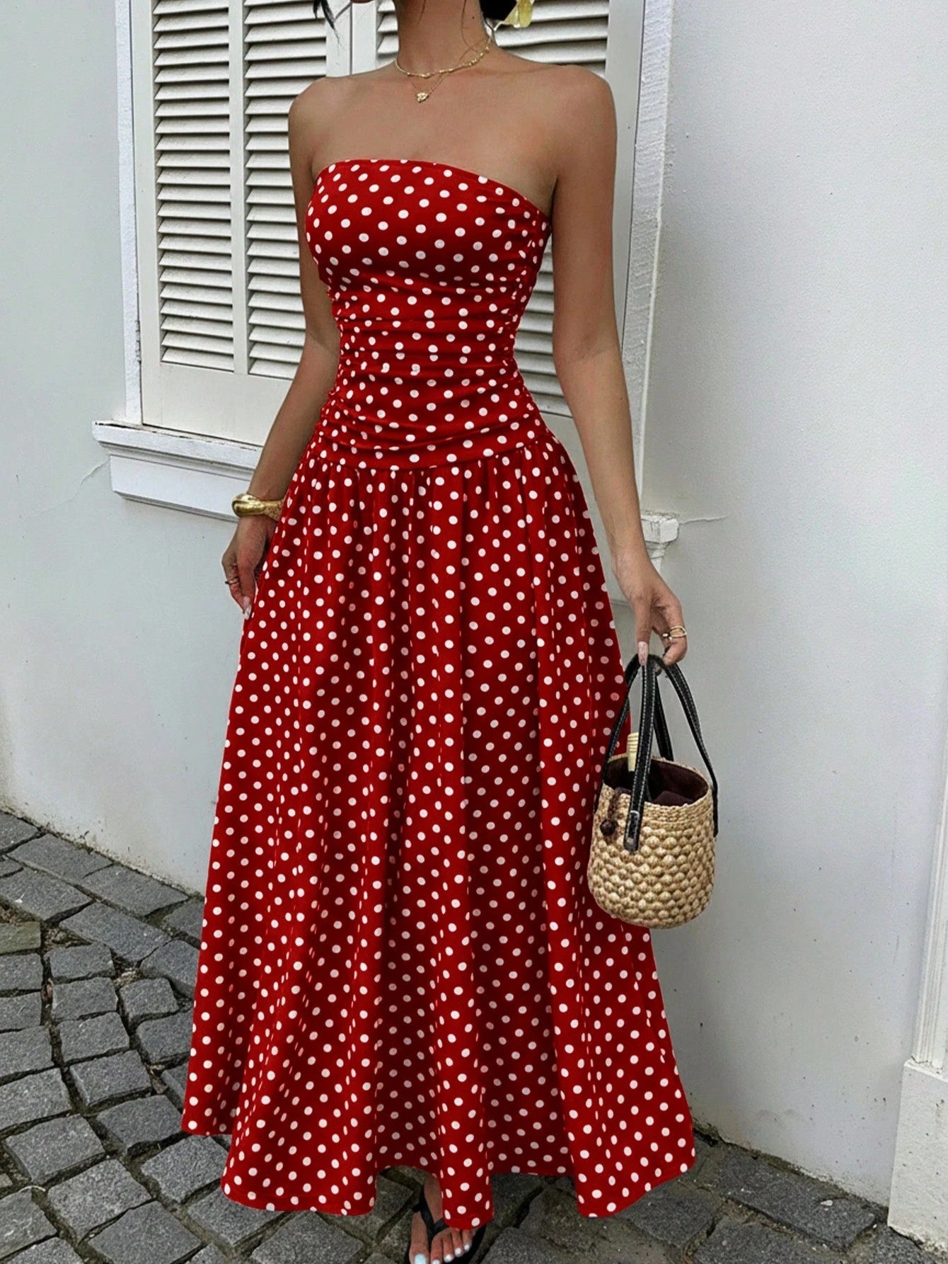 Elegant Polka-dot Off-shoulder Dresses Solid Color Strapless Lady High-waist Robe Commuting Party Business Beach Holiday Outfit-AURA REGALIA 