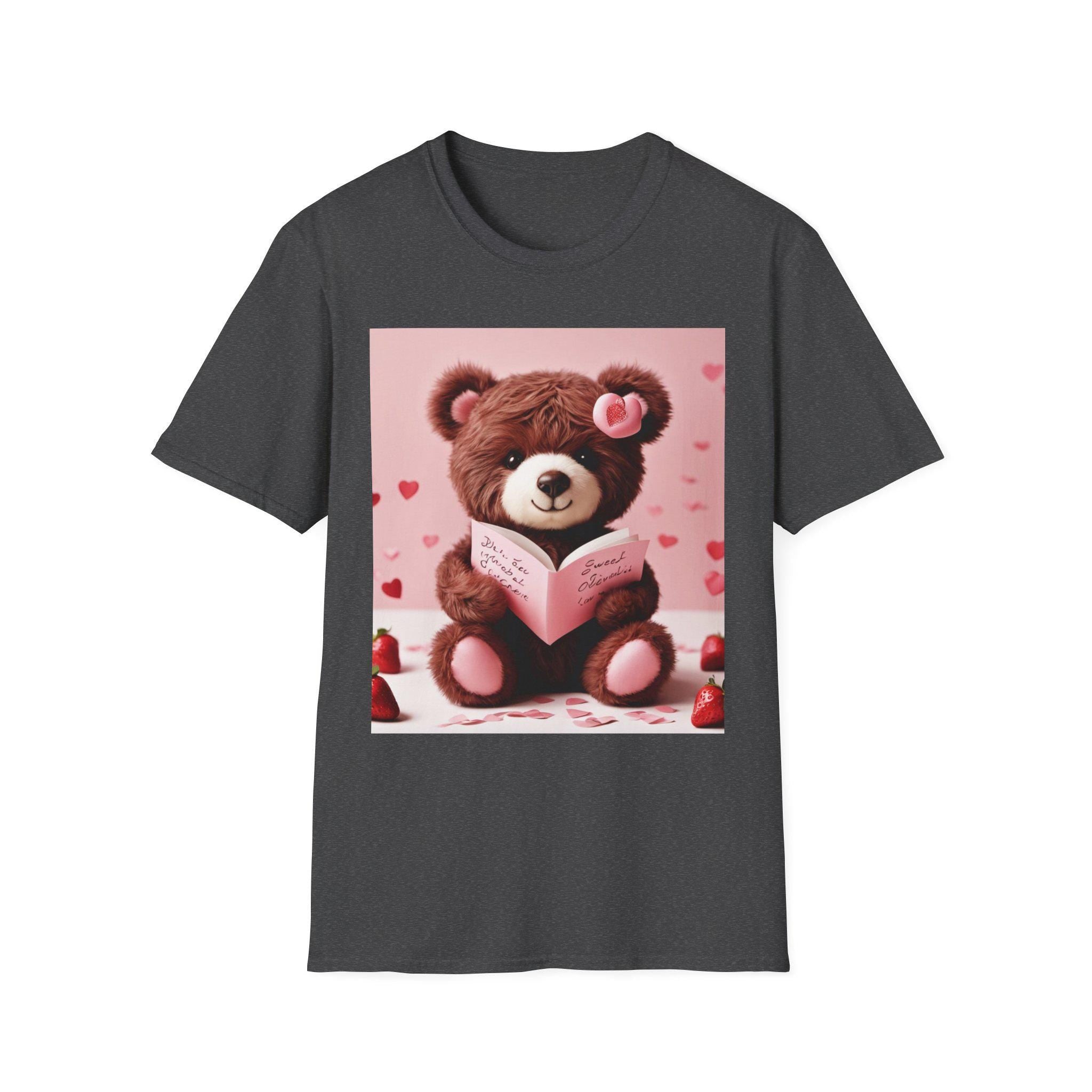 Valentine Teddy Bear Reading T-Shirt | Heart Love Design