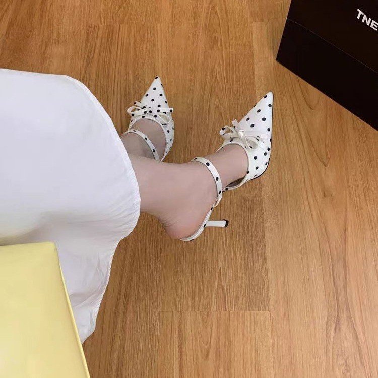 2026 Summer New Women's Polka Dot Pointed Toe High Heels, Bow Backless Mule Sandals, Slim Heel Closed Toe Slide Sandals For Women-AURA REGALIA 