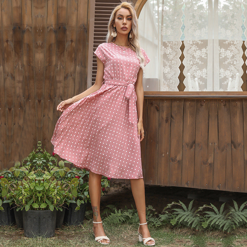 Summer Women Polka Dot Short Sleeve Dress Casual Bandage Party Pleated Midi Dresses Elegant Green Office Lady Clothing-AURA REGALIA 