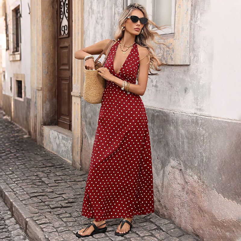 Casual Dot Slim V-neck Long Dresses For Women 2026 Fashion Summer Women's A-Line Midi Dress Elegant Vintage Dresses-AURA REGALIA 