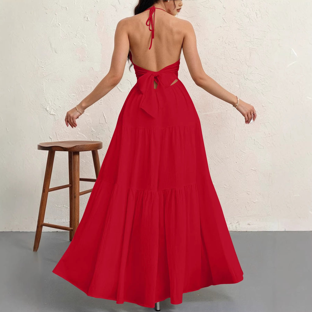 Backless Halterneck V-Neck Pleated A- Line Dress Women's Clothing One-Piece Dress Ankle-length Skirt For Beach Vacation Outfits-AURA REGALIA 